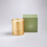 Tonic scented 100% natural wax candle 220g in pure brass container next to green candle box with closed lid. Front